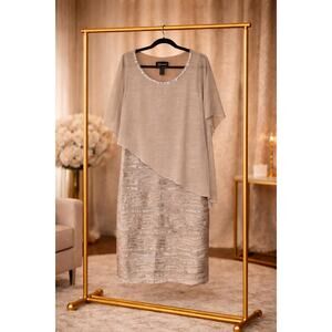 Frank Lyman Cream Silver Overlay Dress Beaded Neck Cocktail Formal 38